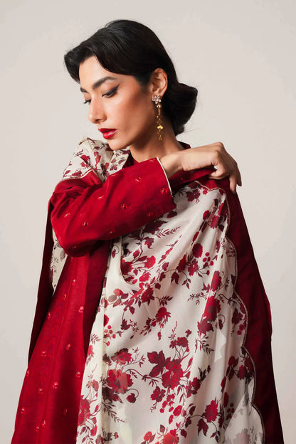 RARE - 3PC DHANAK EMBROIDERED SHIRT WITH COUTURE WOOL PRINTED SHAWL AND DHANAK TROUSER-1249