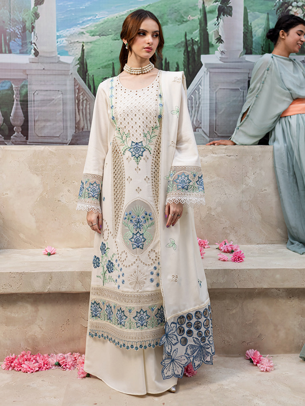 RARE-3PC LAWN LASER EMBROIDERED SHIRT WITH LAWN LASER CUT EMBROIDERED READY TO WEAR DUPATTA-3650