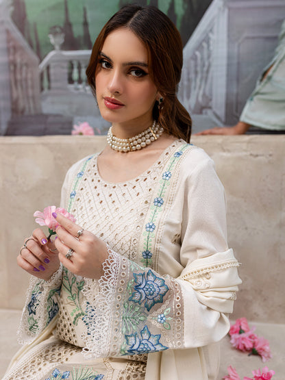 RARE-3PC LAWN LASER EMBROIDERED SHIRT WITH LAWN LASER CUT EMBROIDERED READY TO WEAR DUPATTA-3650