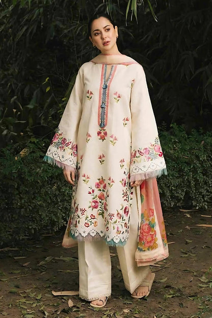 RARE- 3PC LAWN EMBROIDERED SHIRT WITH MONARK PRINT DUPATTA-3529