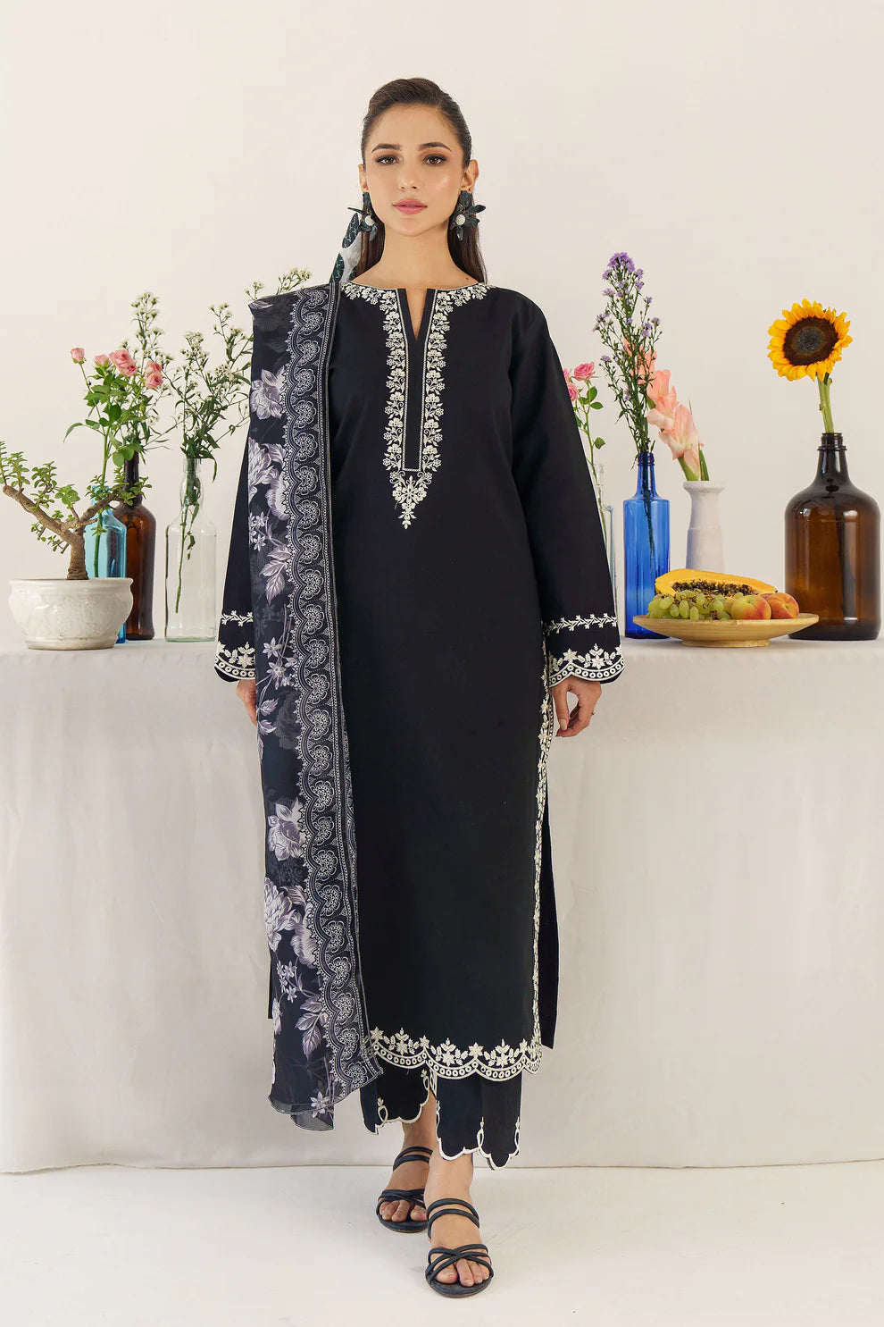 RARE- 3PC DHANAK EMBROIDERED SHIRT WITH WOOL PRINTED SHAWL AND TROUSER-3174