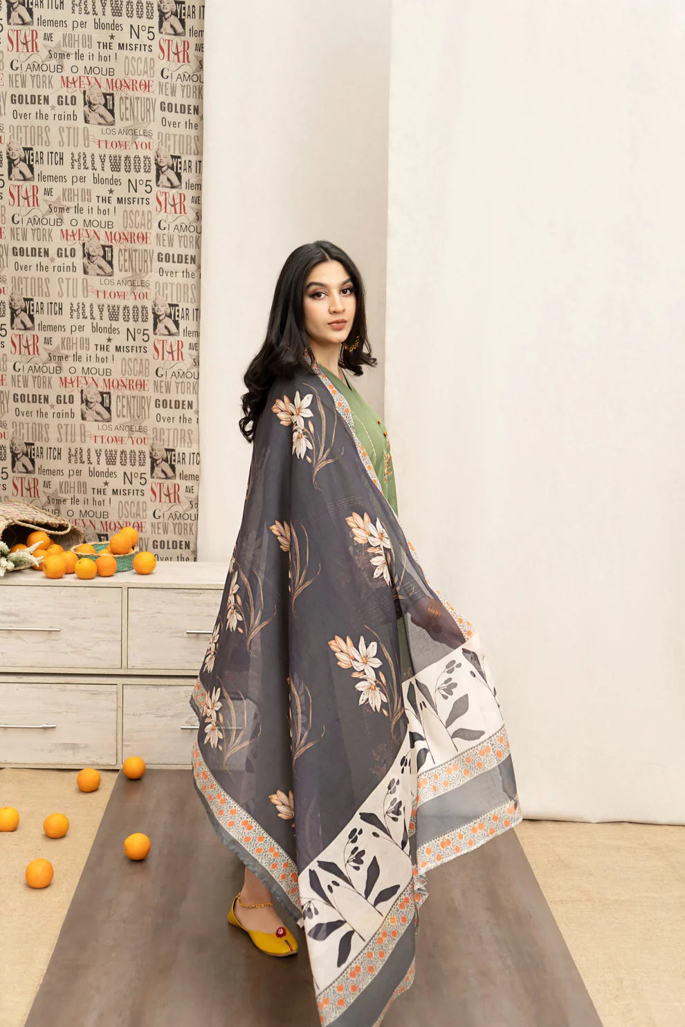 RARE 3PC DHANAK EMBROIDERED SHIRT WITH COUTURE PRINT SHAWL AND EMB TROUSER-3222