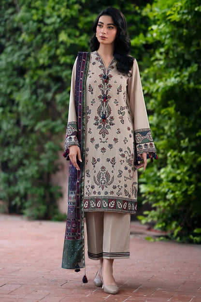 RARE-3PC DHANAK EMBROIDRED SHIRT WITH WOOL PRINT SHAWL AND TROUSER-3315