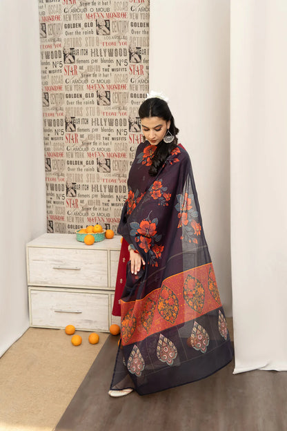 RARE- 3PC DHANAK EMBROIDERED SHIRT WITH COUTURE PRINTED SHAWL AND EMB TROUSER-3205