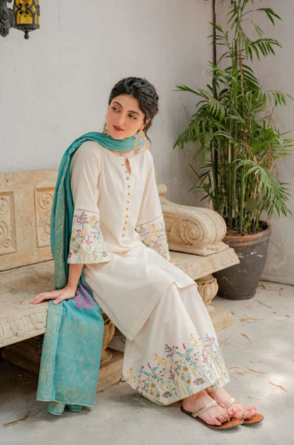 RARE - 3PC DHANAK EMBROIDERED SHIRT WITH COUTURE WOOL PRINT SHAWL AND TROUSER-3116