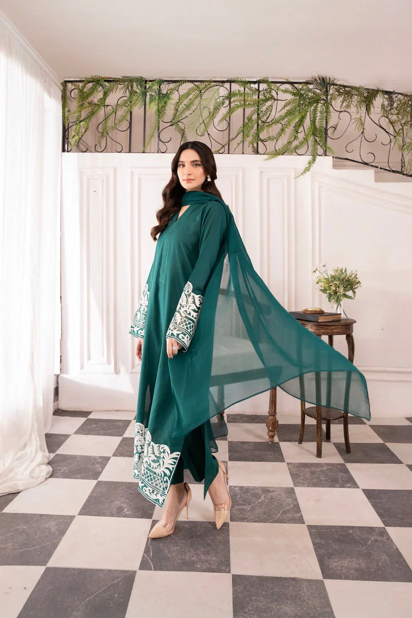 RARE-Lawn 3pc Embroidered Shirt With Bamber Chiffon Dupatta & Trouser-3577