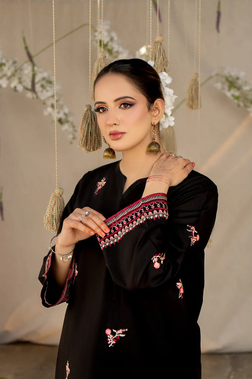 RARE- 2PC LAWN HEAVY EMBROIDERED SHIRT EMBROIDERED SLEEVES AND TROUSER -BLACK