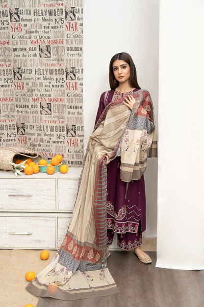 RARE- 3PC DHANAK EMBROIDERED SHIRT WITH COUTURE PRINT SHAWL AND EMB TROUSER-3216