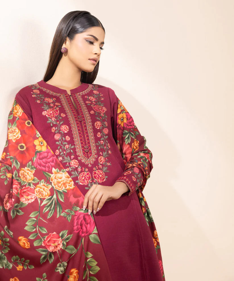 RARE- 3PC DHANAK EMBROIDERED SHIRT WITH WOOL PRINT SHAWL AND TROUSER-3380