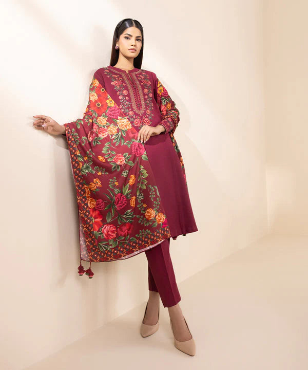 RARE- 3PC DHANAK EMBROIDERED SHIRT WITH WOOL PRINT SHAWL AND TROUSER-3380