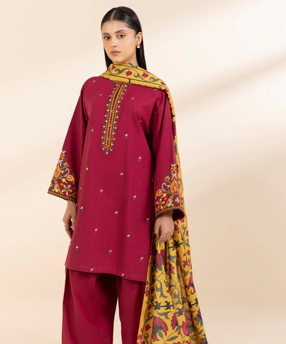 RARE- 3PC KHADAR EMBROIDERED SHIRT WITH WOOL PRINT SHAWL AND TROUSER-3373