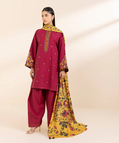 RARE- 3PC KHADAR EMBROIDERED SHIRT WITH WOOL PRINT SHAWL AND TROUSER-3373