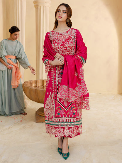 RARE-3PC LAWN LASER EMBROIDERED SHIRT WITH LAWN LASER EMBROIDERED READY TO WEAR DUPATTA-3649