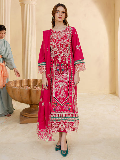 RARE-3PC LAWN LASER EMBROIDERED SHIRT WITH LAWN LASER EMBROIDERED READY TO WEAR DUPATTA-3649