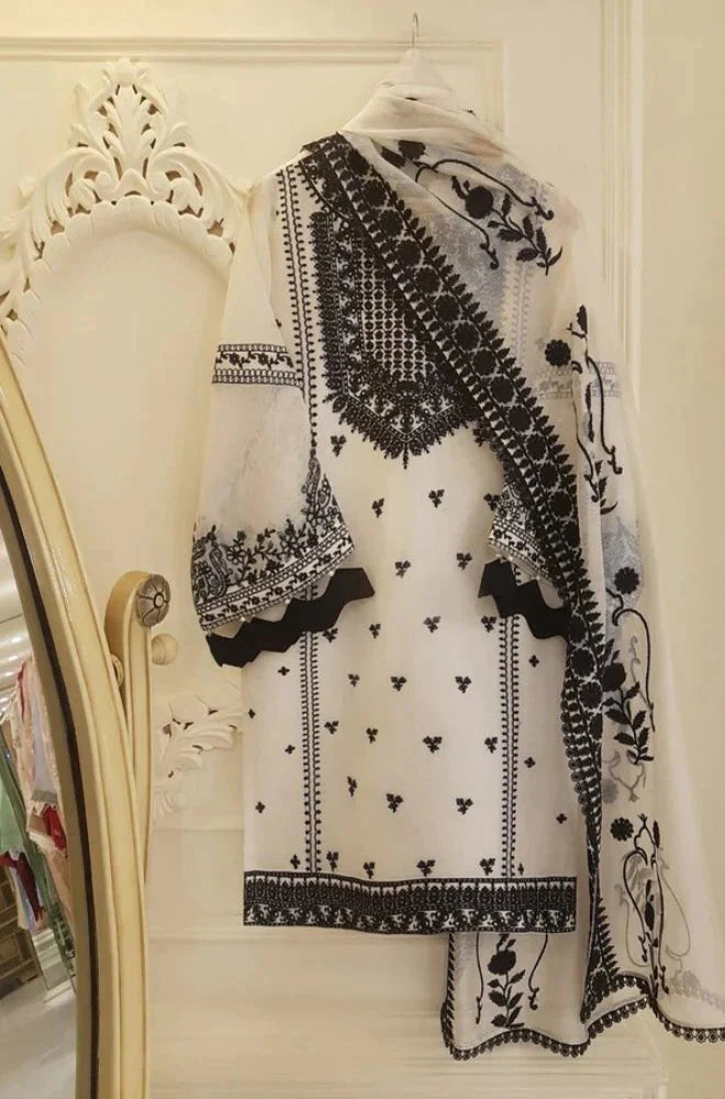 RARE-3PC LAWN HEAVY EMBROIDERED SHIRT WITH EMBROIDERED BAMBER CHIFFON DUPATTA-3524