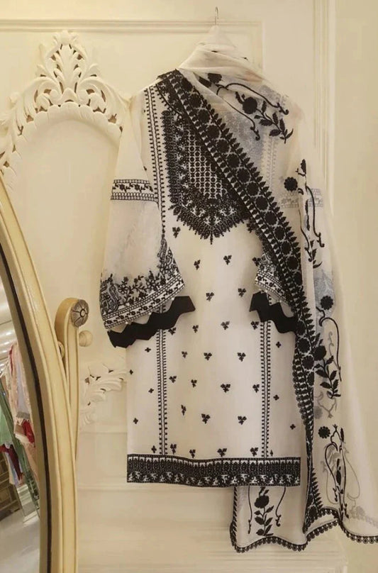 RARE-3PC LAWN HEAVY EMBROIDERED SHIRT WITH EMBROIDERED BAMBER CHIFFON DUPATTA-3524