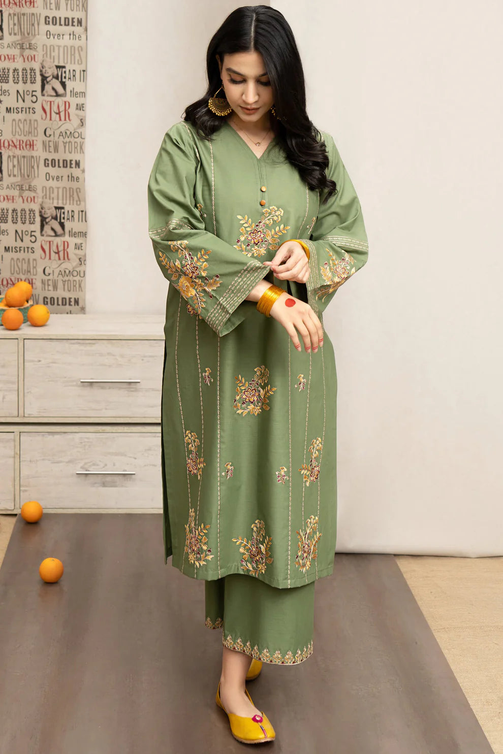 RARE 3PC DHANAK EMBROIDERED SHIRT WITH COUTURE PRINT SHAWL AND EMB TROUSER-3222