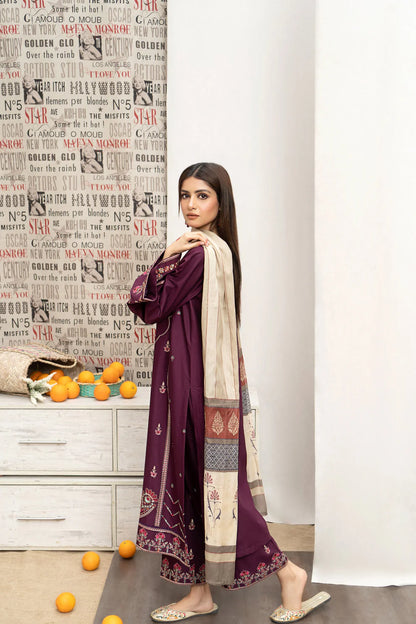 RARE- 3PC DHANAK EMBROIDERED SHIRT WITH COUTURE PRINT SHAWL AND EMB TROUSER-3216