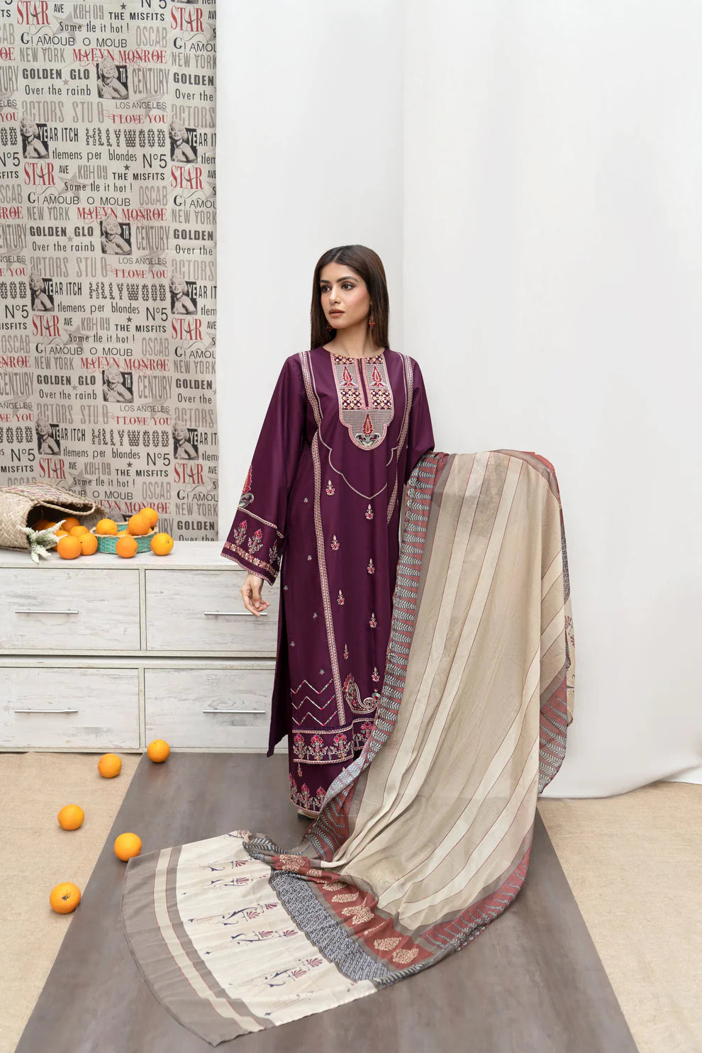 RARE- 3PC DHANAK EMBROIDERED SHIRT WITH COUTURE PRINT SHAWL AND EMB TROUSER-3216