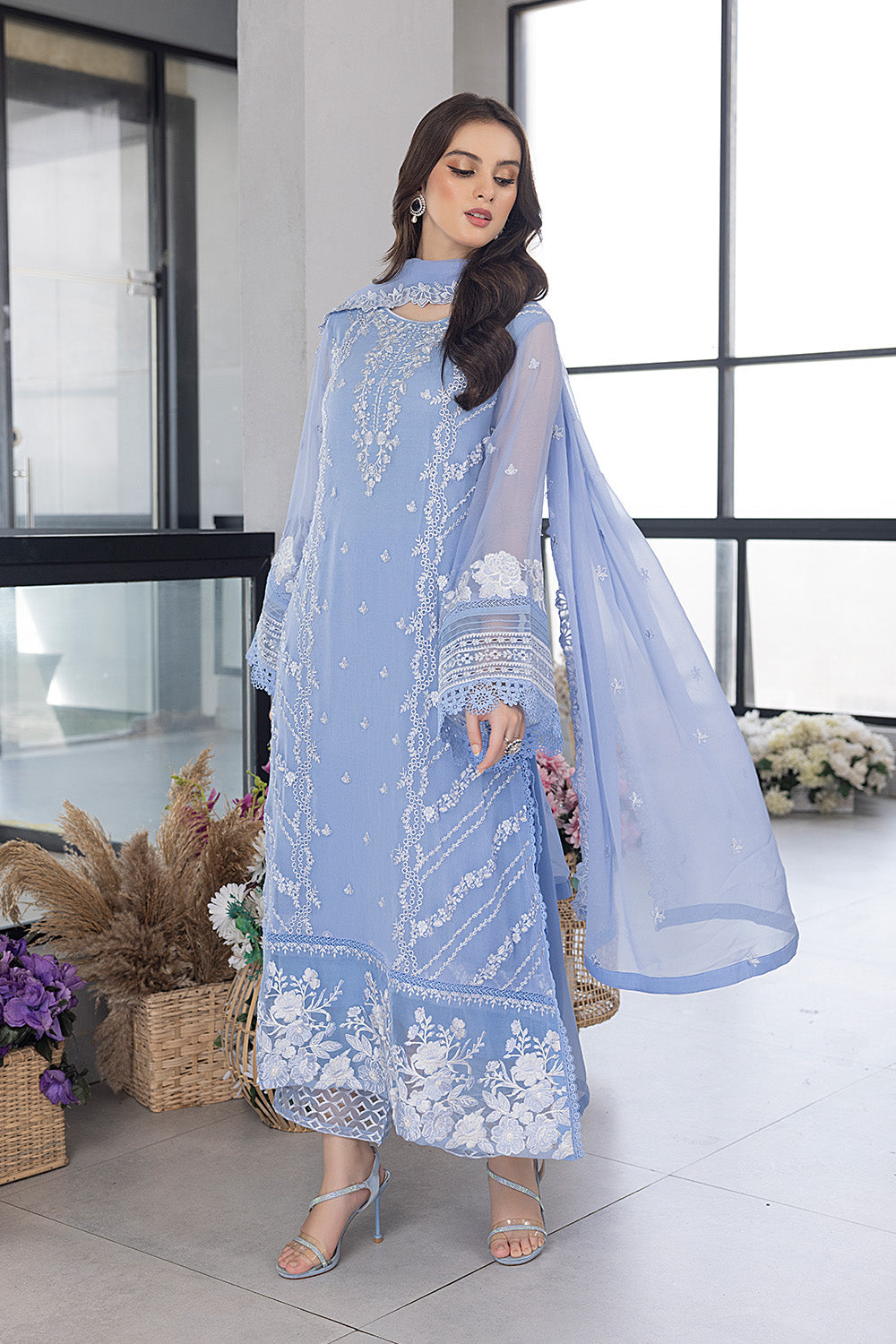 RARE - 3PC ORGANZA EMBROIDERED LAWN SHIRT WITH ORGANZA EMBROIDERED DUPATTA AND TROUSER-3549