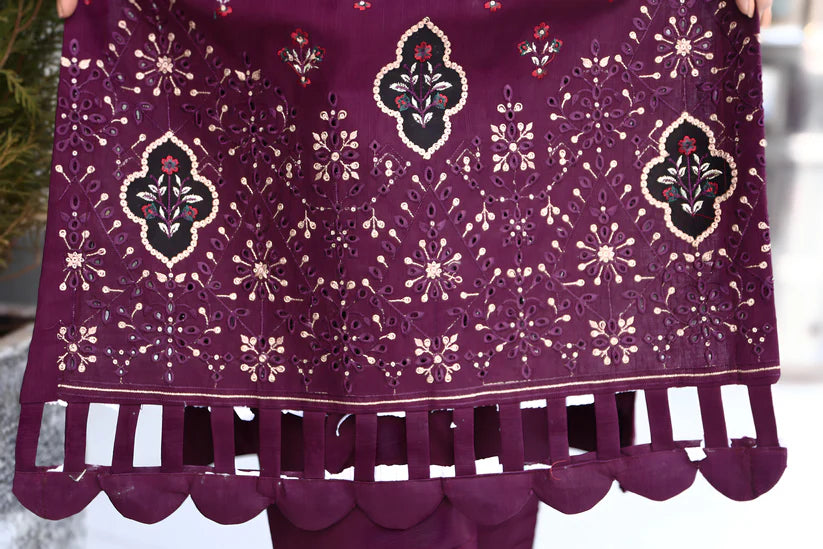 RARE-3PC KHADDAR CUTWORK EMBROIDERED SHIRT WITH KASHMIRI JACQUARD WOOL SHAWL-1515