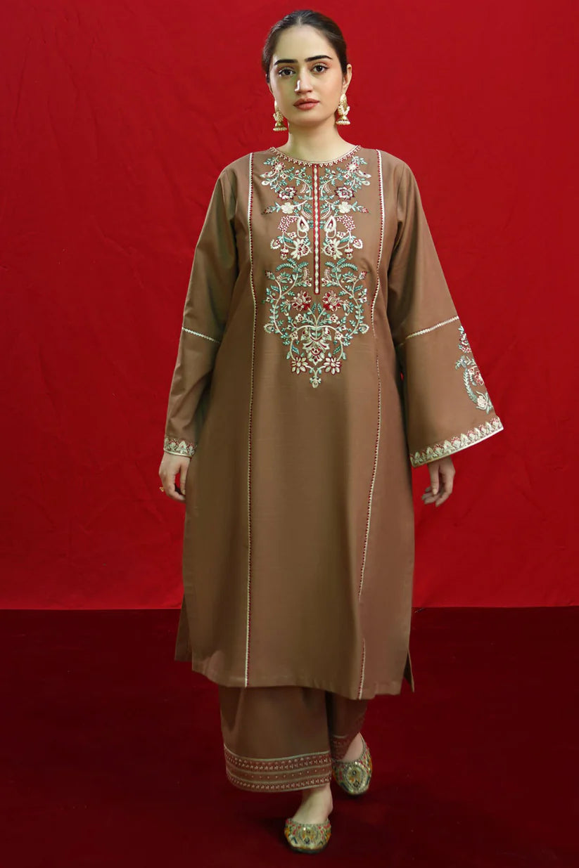 RARE 2PC DHANAK EMBROIDRED SHIRT WITH DHANAK EMBROIDRED TROUSER-3376