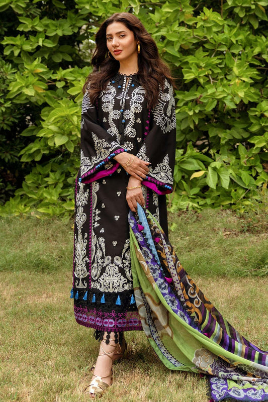 RARE-3PC LAWN EMBROIDERED SHIRT WITH MONARK PRINT DUPATTA AND LAWN TROUSER-ADR-3514