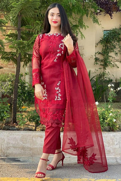 RARE- ORGANZA HEAVY EMBROIDERED SHIRT WITH ORGANZA EMBROIDERED DUPATTA AND LAWN INNER -RED
