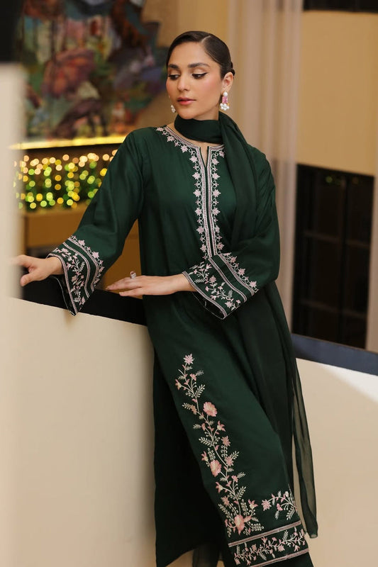 RARE-3PC LAWN EMBROIDERED SHIRT WITH BAMBER CHIFFON DUPATTA AND TROUSER-3635