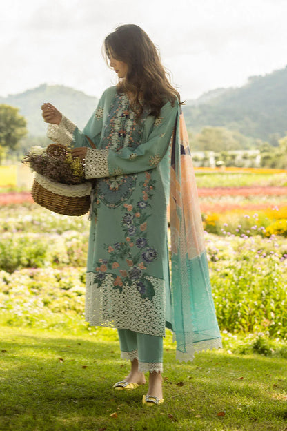 RARE-3PC LAWN EMBROIDERED SHIRT WITH MONARK PRINT DUPATTA AND TROUSER-3742