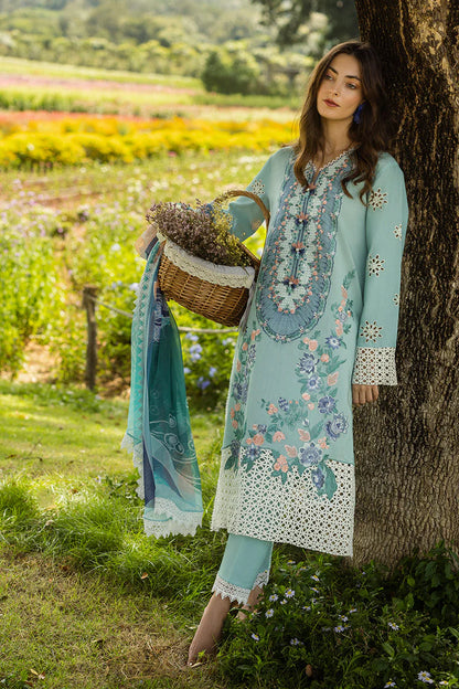 RARE-3PC LAWN EMBROIDERED SHIRT WITH MONARK PRINT DUPATTA AND TROUSER-3742