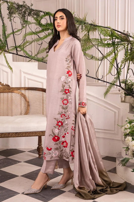 RARE-3PC LAWN EMBROIDERED SHIRT WITH CHIFFON TYE & DYE DUPATTA AND TROUSE-3661