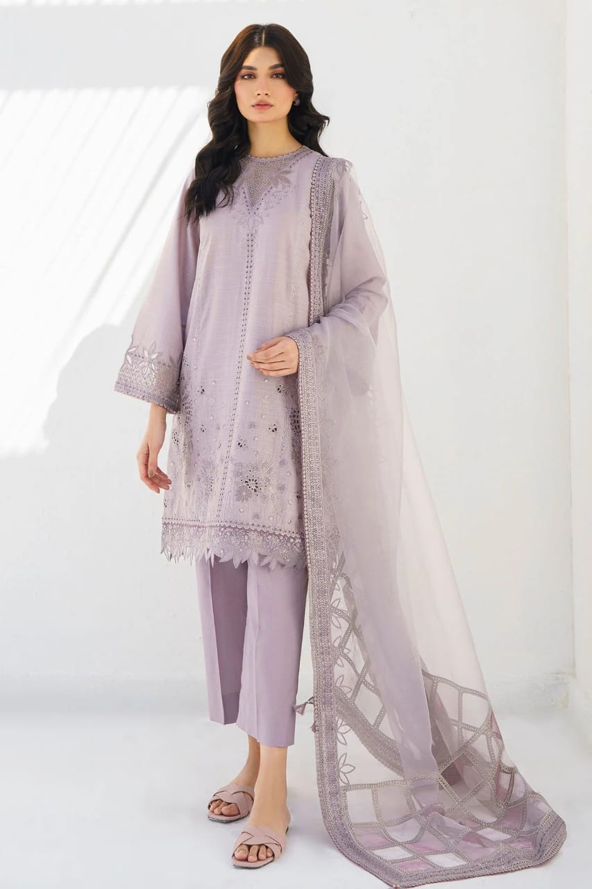 RARE- 3PC LAWN HEAVY EMBROIDERED SHIRT WITH ORGANZA EMBROIDERED READY TO WEAR DUPATTA-3643