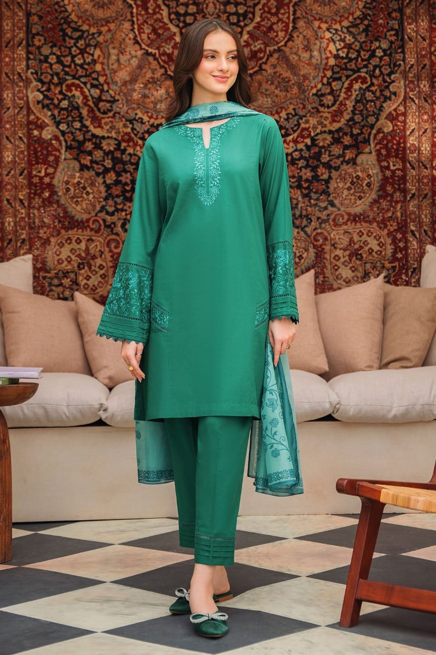 RARE-3PC LAWN EMBROIDERED SHIRT WITH MONARK PRINTED DUPATTA AND TROUSER-3539