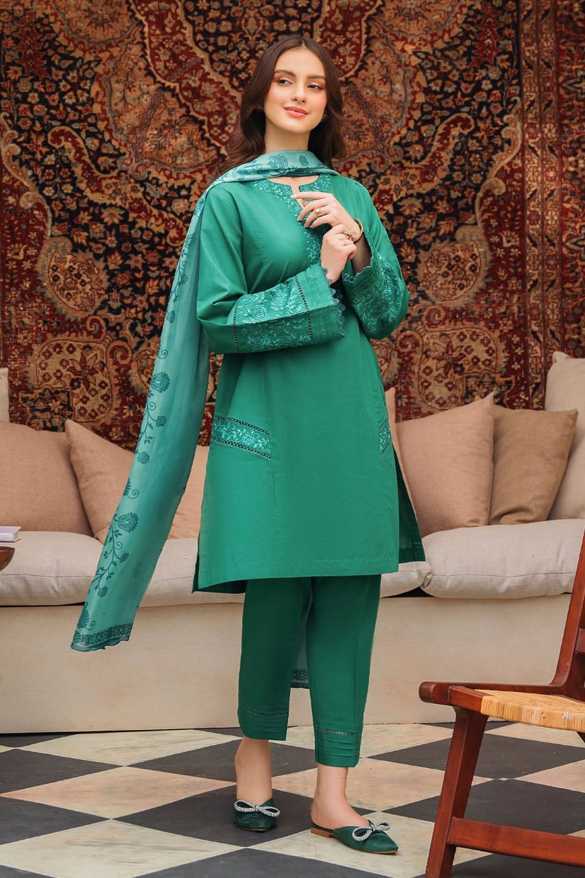 RARE-3PC LAWN EMBROIDERED SHIRT WITH MONARK PRINTED DUPATTA AND TROUSER-3539