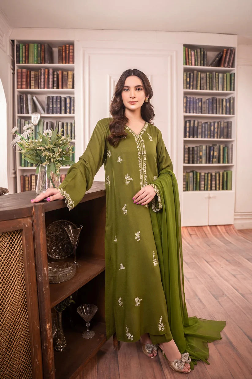 RARE-Lawn 3pc Embroidered Shirt With Bamber Chiffon Dupatta & Trouser-3575