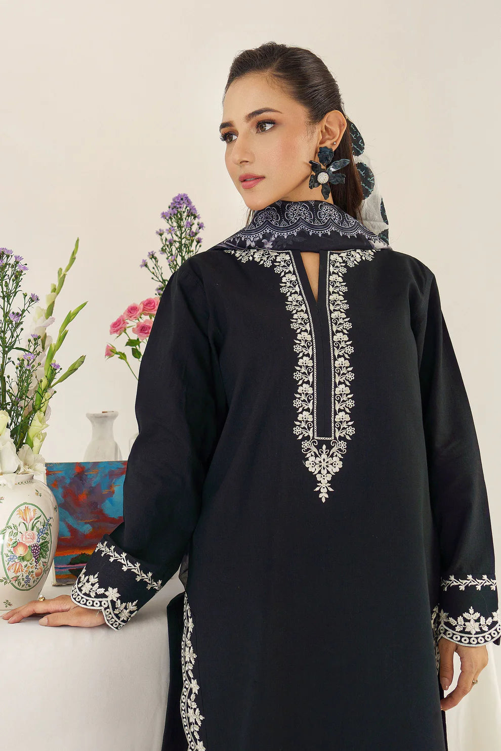 RARE- 3PC DHANAK EMBROIDERED SHIRT WITH WOOL PRINTED SHAWL AND TROUSER-3174