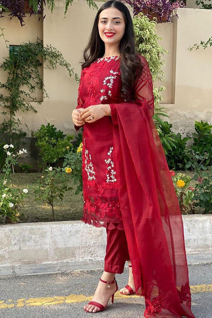 RARE- ORGANZA HEAVY EMBROIDERED SHIRT WITH ORGANZA EMBROIDERED DUPATTA AND LAWN INNER -RED