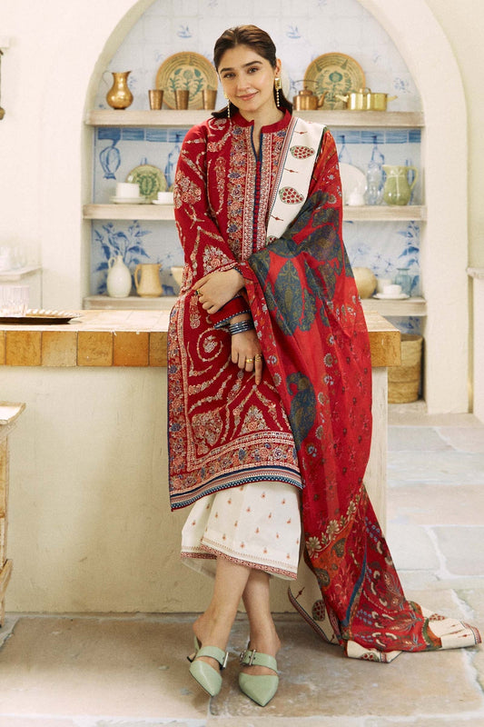 RARE-3PC LAWN EMBROIDERED SHIRT WITH MONARK PRINT DUPATTA AND EMB TROUSER-3521