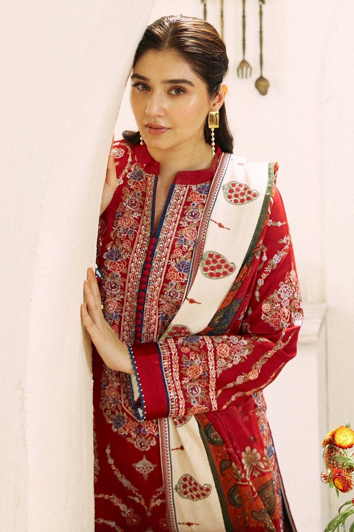 RARE-3PC LAWN EMBROIDERED SHIRT WITH MONARK PRINT DUPATTA AND EMB TROUSER-3521