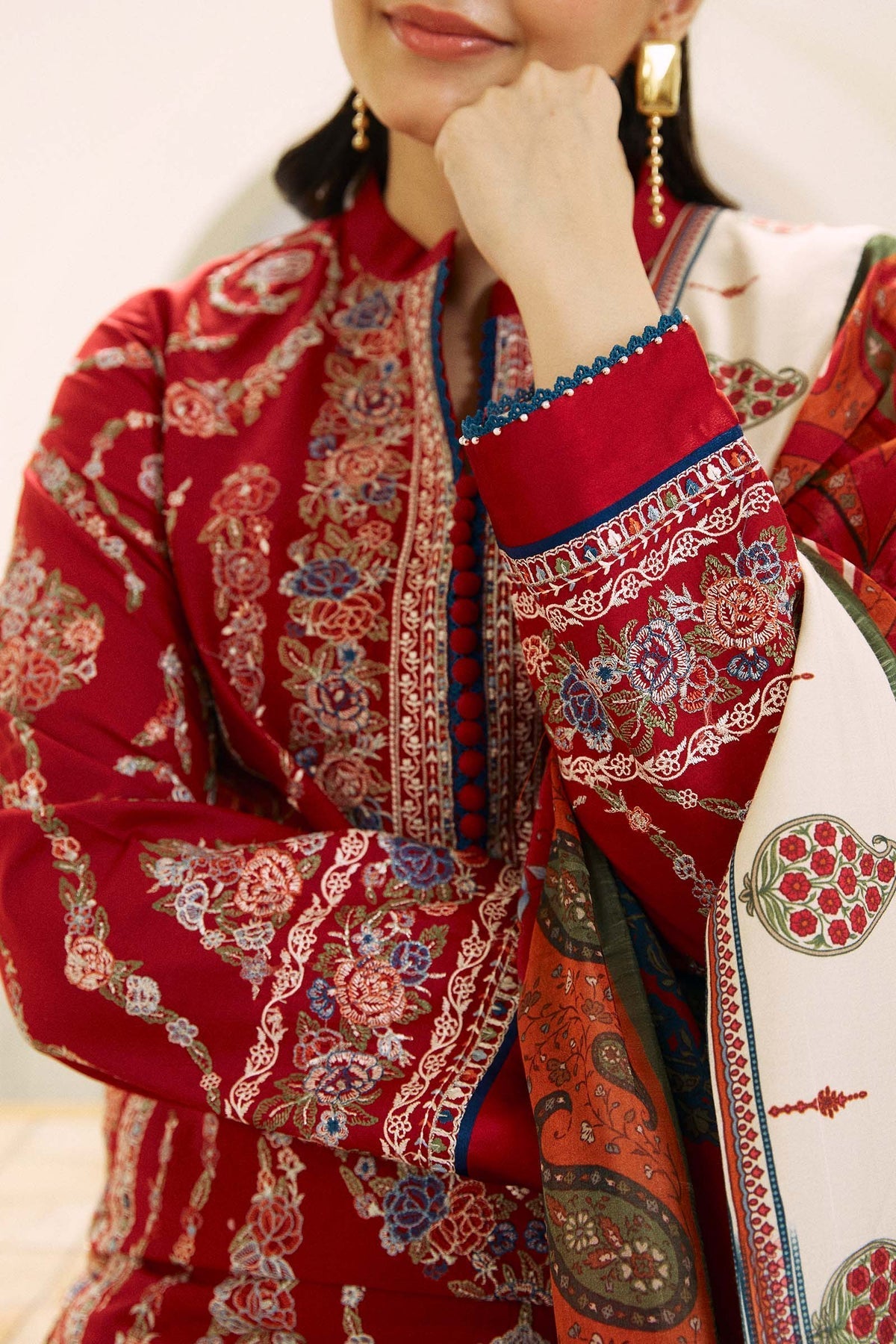 RARE-3PC LAWN EMBROIDERED SHIRT WITH MONARK PRINT DUPATTA AND EMB TROUSER-3521