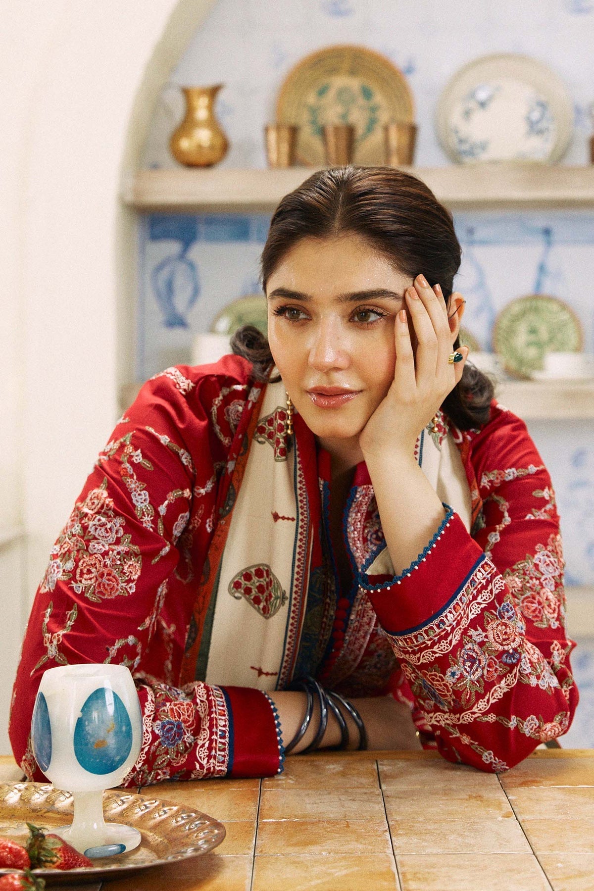 RARE-3PC LAWN EMBROIDERED SHIRT WITH MONARK PRINT DUPATTA AND EMB TROUSER-3521