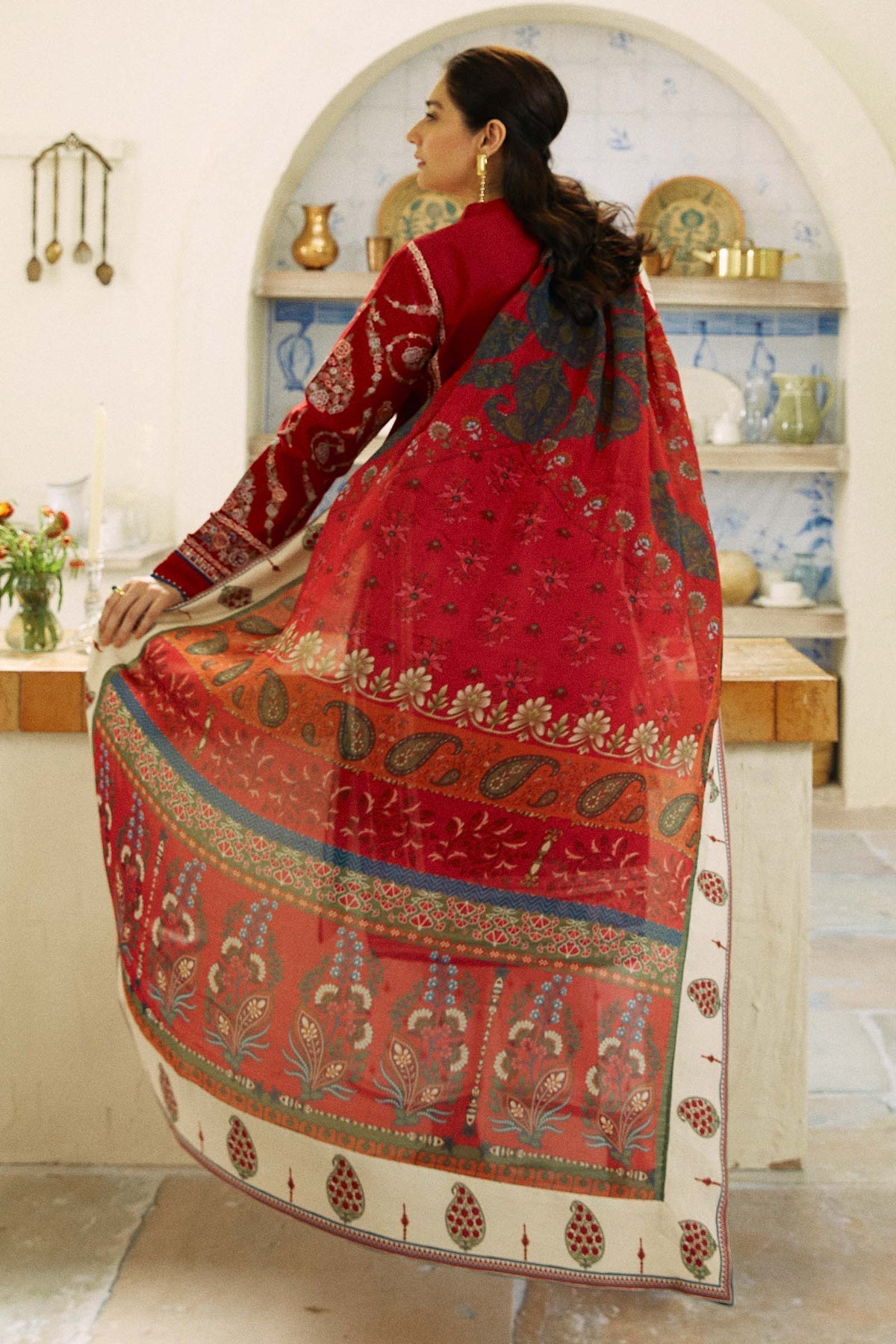 RARE-3PC LAWN EMBROIDERED SHIRT WITH MONARK PRINT DUPATTA AND EMB TROUSER-3521