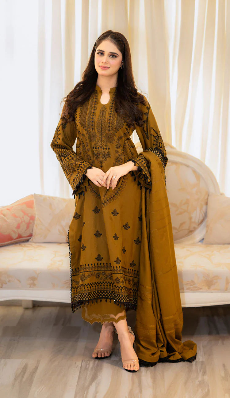 RARE-3PC DHANAK EMBROIDERED SHIRT WITH VELVET DHANAK EMBROIDERED SHAWL & TROUSER-3386