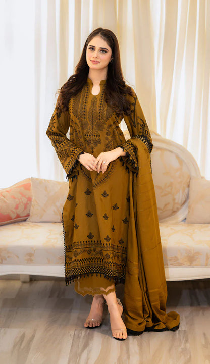 RARE-3PC DHANAK EMBROIDERED SHIRT WITH VELVET DHANAK EMBROIDERED SHAWL & TROUSER-3386