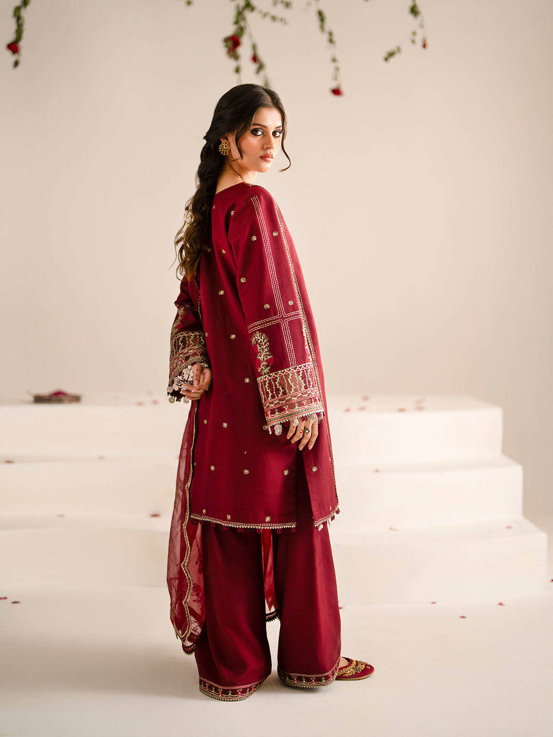 RARE 3PC DHANAK EMBROIDERED SHIRT WITH ORGANZA EMBROIDRED DUPATTA AND TROUSER-3209