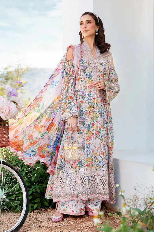 RARE-3PC LAWN PRINTED EMB SHIRT WITH CHIFFON PRINT DUPATTA AND PRINT TROUSER-2505 (DELIVERY AFTER 15 DAYS)