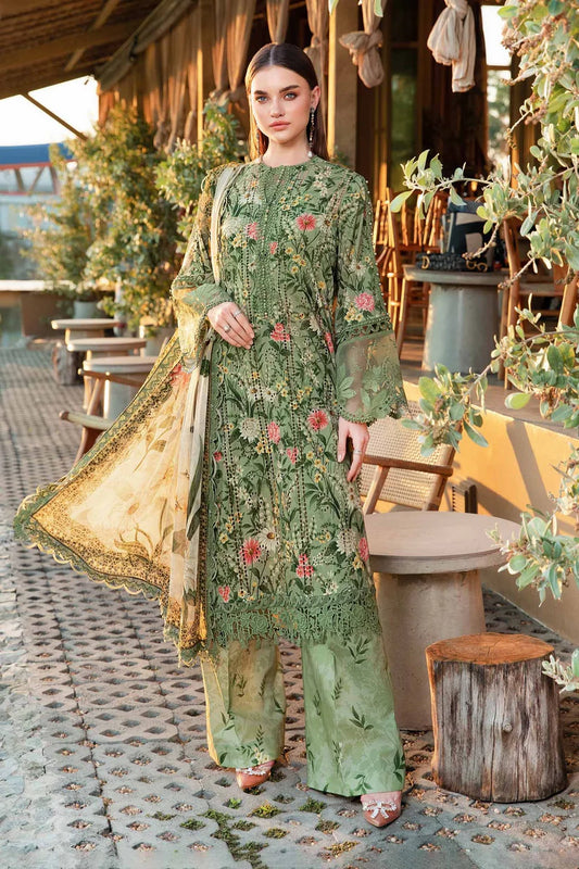 RARE-3PC LAWN PRINTED EMB SHIRT WITH CHIFFON PRINT DUPATTA AND PRINT TROUSER-2506 (DELIVERY AFTER 15 DAYS)