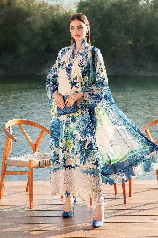 RARE-3PC LAWN EMBROIDERED PRINTED SHIRT WITH CHIFFON PRINT DUPATTA AND PRINT TROUSER-