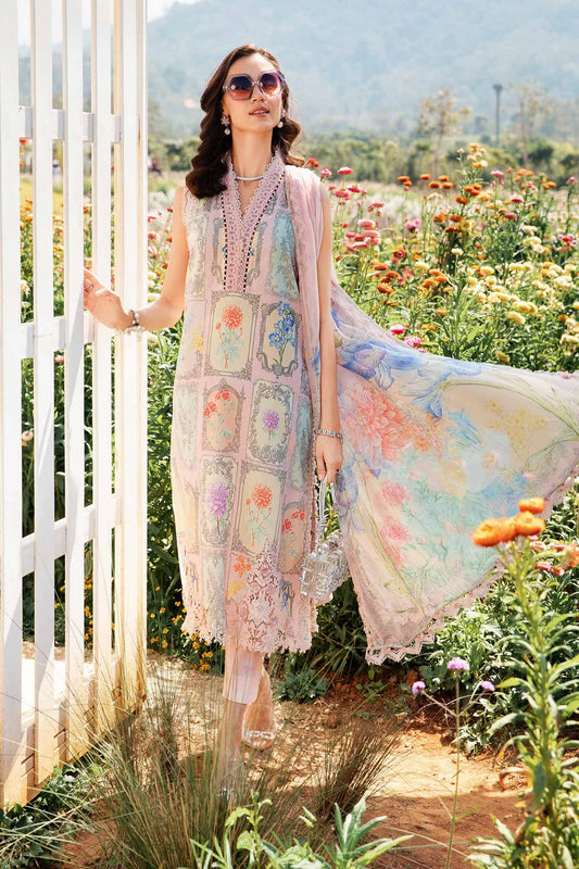 RARE-3PC LAWN EMBROIDERED PRINTED SHIRT WITH CHIFFON PRINT DUPATTA AND PRINT TROUSER-2522